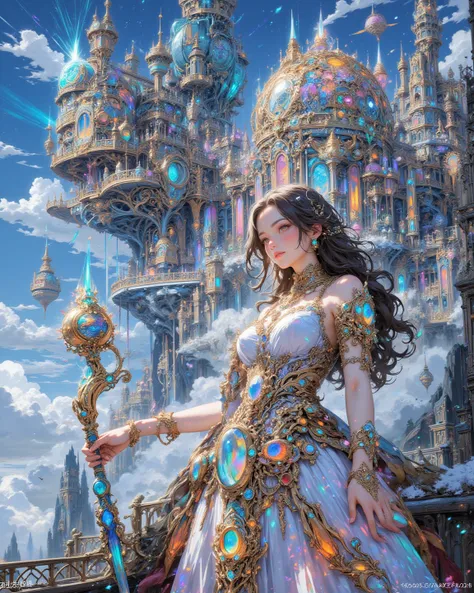 a breathtaking jewel princess placed precisely along the golden ratio focal point, holding an ornate magical staff entirely craf...