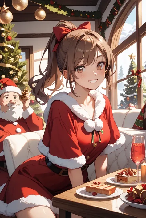 1 girl、Ponytail with long brown hair gathered together at the back、Brown Eyes、Christmas Party、Santa Claus Outfit、Blush shyly、hap...