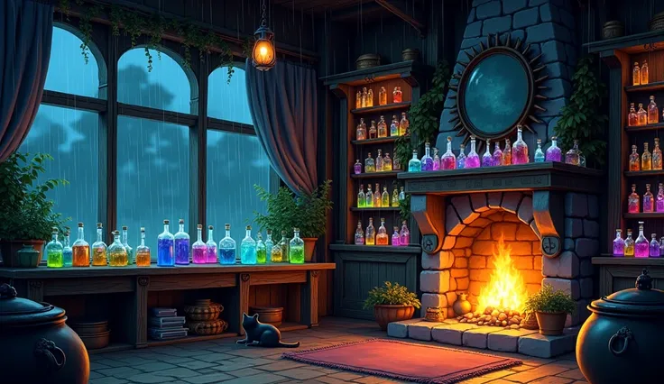 (masterpiece, best quality:1.2), anime style, Studio Ghibli inspired art, interior of a cozy cluttered magic potion shop at nigh...