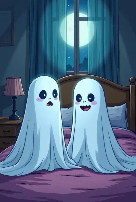 Two girls dressed up as ghosts in blankets to scare you,  night bedroom , light light through the window, feeling both scary and...