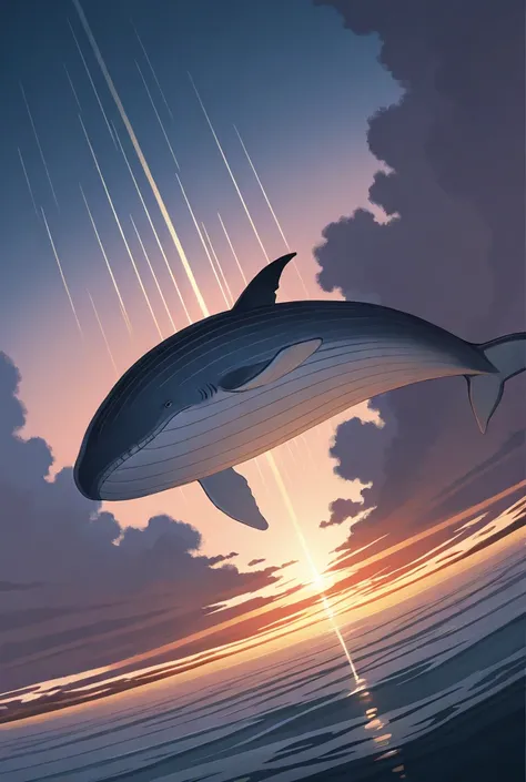 A gigantic whale descends slowly into the depths of the ocean, seen in a diagonal perspective, as if it were falling in silence....