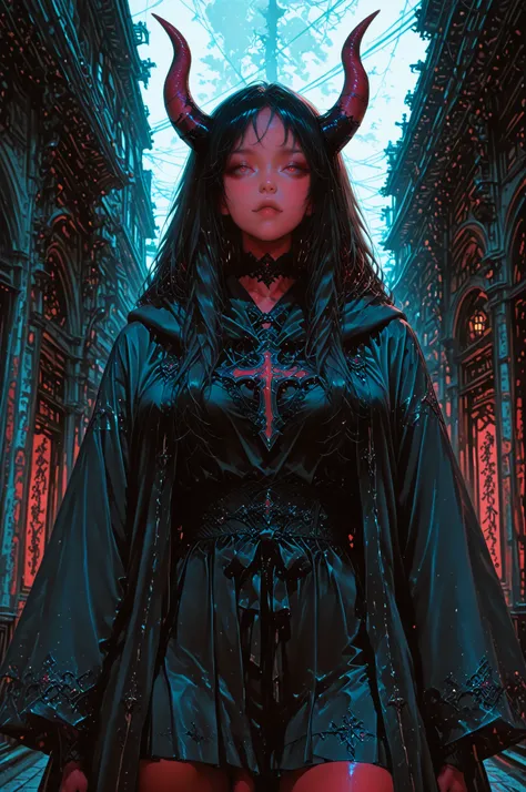 addmicrodetails,cute face, demon woman、Two devil horns are growing、solo、A perspective from the chest up、is facing the front、has ...