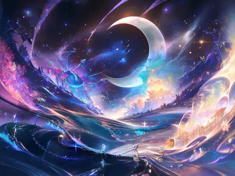 Fantasy digital art, elven moonlit silver lake painted in flowing brushstrokes, like a living canvas. A vast prismatic lake with...