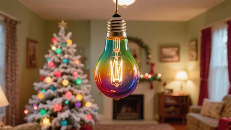 1954 single large C7 incandescent Christmas light bulb, painted colorful glass with filament inside, hanging centered from top i...