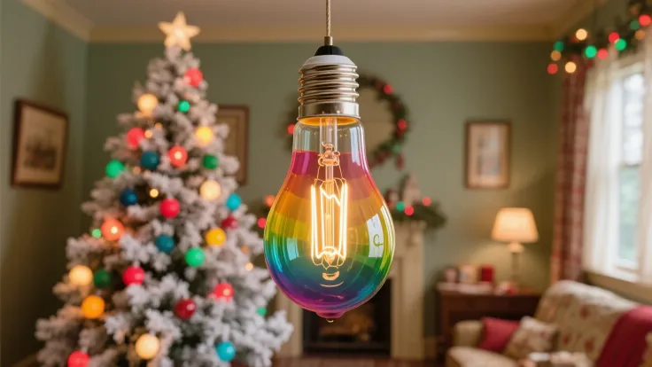 1954 single large C7 incandescent Christmas light bulb, painted colorful glass with filament inside, hanging centered from top i...