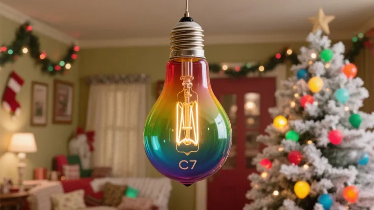 1954 single large C7 incandescent Christmas light bulb, painted colorful glass with filament inside, hanging centered from top i...