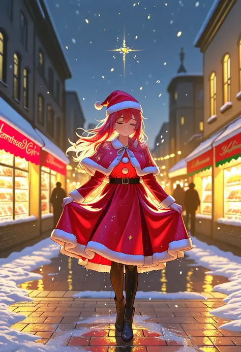 “A beautiful girl semi style, wearing bright red Christmas dress with white fur trim, wearing a christmas hat, Long hair flying ...
