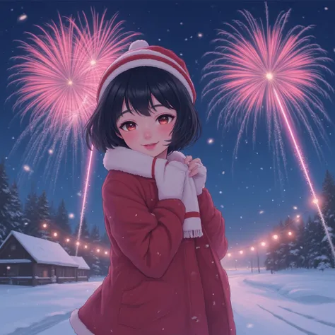 A girl in a red winter hat and a red winter jacket, with black short hair and red eyes, with a sweet face and a smile, stands ag...