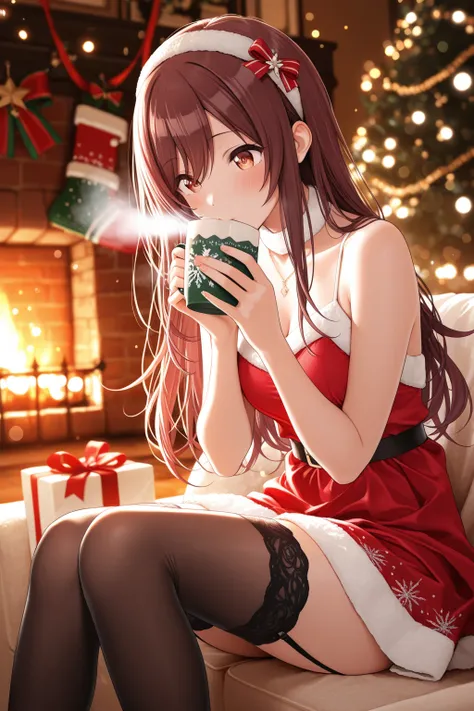 (masterpiece:1.3), Amana Osaki, 1girl, elegant Christmas party dress, sitting by a fireplace with stockings and garland, wrapped...