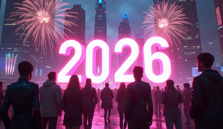 A modern 2026 New Year celebration, glowing neon numbers “2026”, city skyline at night, colorful fireworks, futuristic style, vi...