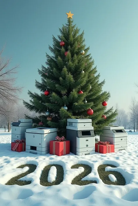at the bottom of the Christmas tree instead of gifts, there are a lot of canon, HP and konica printers большие буквы 2026 на сне...