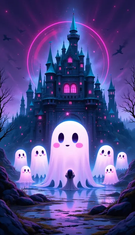 Weird cartoon, anime, military cute ghost party, anime ghost, soft, stars appearing from cyberpunk design, cute ghost-pink cheek...