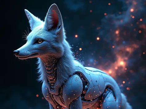 Double exposure to a mechanical fox and a cosmic nebula, bionic contours merge with star clusters, neon implants reflect constel...