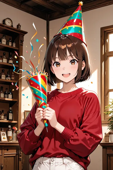 1girl, solo,
from-front, upper-body,
small party-popper,
pop the popper,
party-hat, red-sweater,
long-sleeves, white-pants, 
bro...