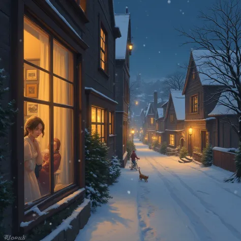 PICTURE FOR ANIME CHILDREN 
WINTER STREET IN THE EVENING.
A WOMAN LOOKS FROM A ROOM WINDOW TO THE STREET