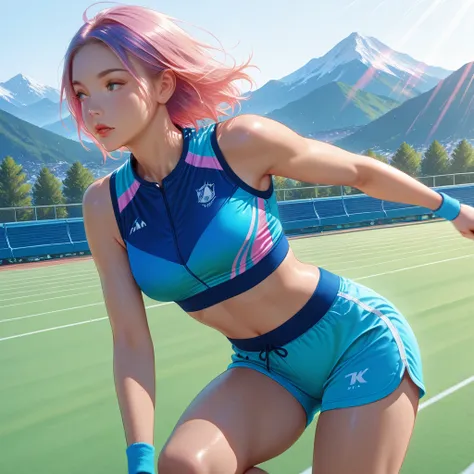 Outdoor sportswear photoshoot, athletic model in dynamic pose, natural sunlight, mountain or urban background, motion blur effec...