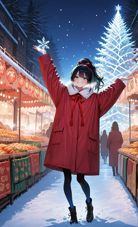 masterpiece, best quality, ultra detailed, illustration, 1girl, long silky jet black hair in a high ponytail tied with red velve...