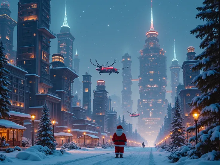 A futuristic megacity covered in snow where Santa Claus lives. Tall skyscrapers decorated with Christmas lights, trains levitati...