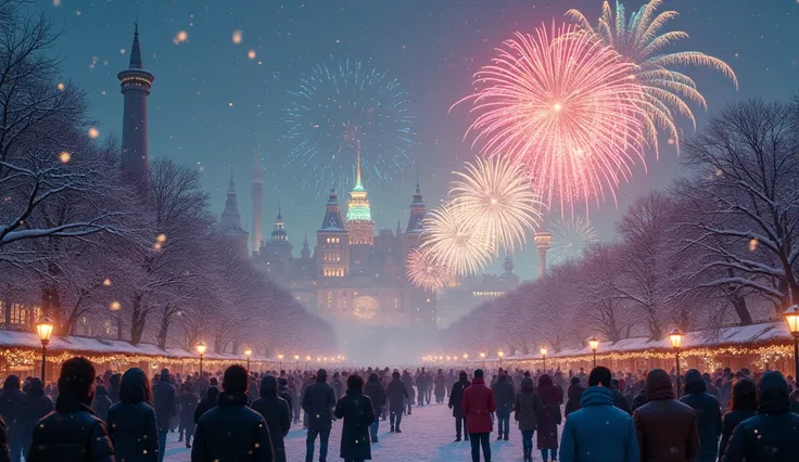 snowy landscape, snow-covered city in the background, falling snow, lots of people in the foreground, and large colorful firewor...