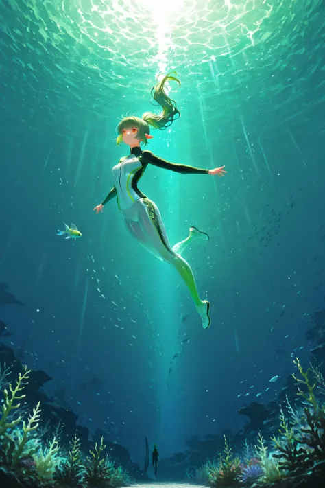 masterpiece, best quality, high resolution,
fantasy freediving competition, female diver,
orange eyes, green hair in high ponyta...