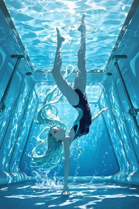 masterpiece, best quality, ultra-detailed, anime style, dynamic synchronized swimming performance, two beautiful young women wit...