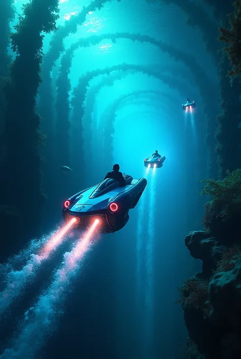 A futuristic underwater race with sleek, bio-luminescent vehicles propelled by powerful jets, weaving through an obstacle course...