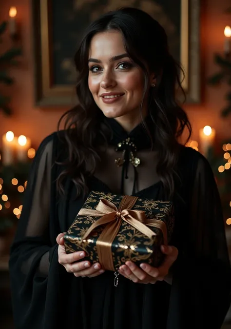 beautiful adult woman, dark gothic fashion, refined makeup, long black dress, receiving an ornate gift box, dramatic luxurious g...