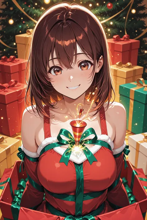 Cutie,Greatest Masterpiece,High Quality,in a gift box,Party Popperを持つ,Red clothes wrapped with green ribbons,Smile Yan,red and g...