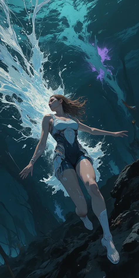 “Cinematic ultra-realistic drawing of an intense underwater race during the Siren Current Trials of Atlantis. Voluptuous Atlante...