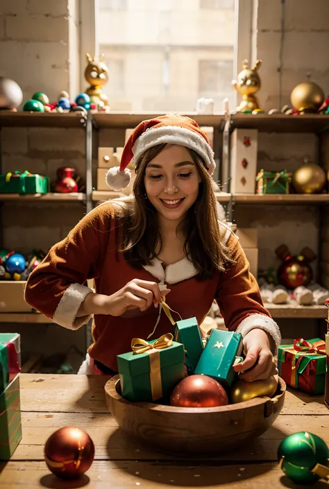 Santa Claus inside a toy factory, making gifts for children, elves working around, toys on tables, warm golden lights, joyful Ch...