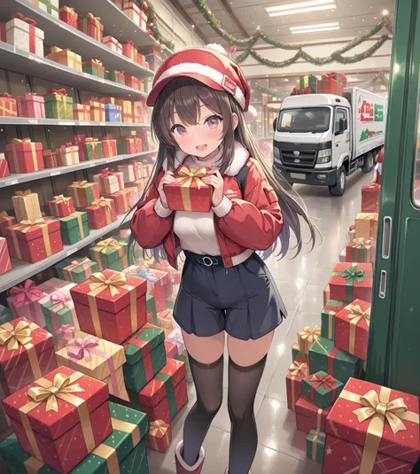 woman delivery person, jacket, culottes, hat knee-high socks (warehouse, truck, many gifts, wrapping, lively, Christmas atmosphe...
