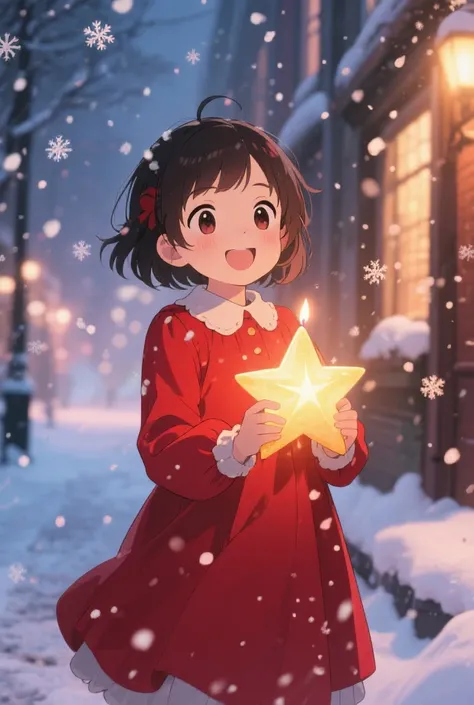 Anime；Rapaz animado；Classic red dress；Rua com neve caindo；holding a star candle；4k；high quality