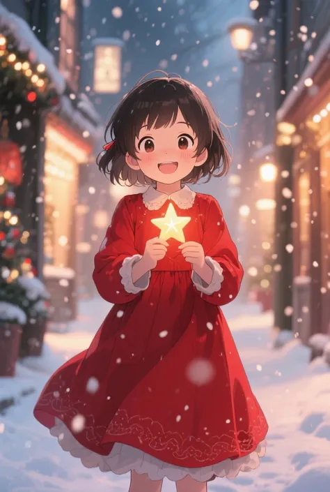 Anime；Rapaz animado；Classic red dress；Rua com neve caindo；holding a star candle；4k；high quality