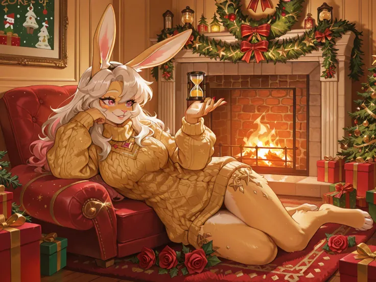 score_9, score_8_up, score_7_up, 1girl, solo, Cassiopeia, bunny girl, golden fur, long platinum hair, rose-pink eyes, wearing go...