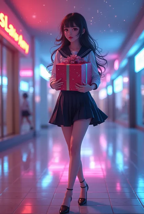 8K,style anime,masterpiece super detailed, Sexy and sensual schoolgirl woman walking through a mall with a large gift in her han...