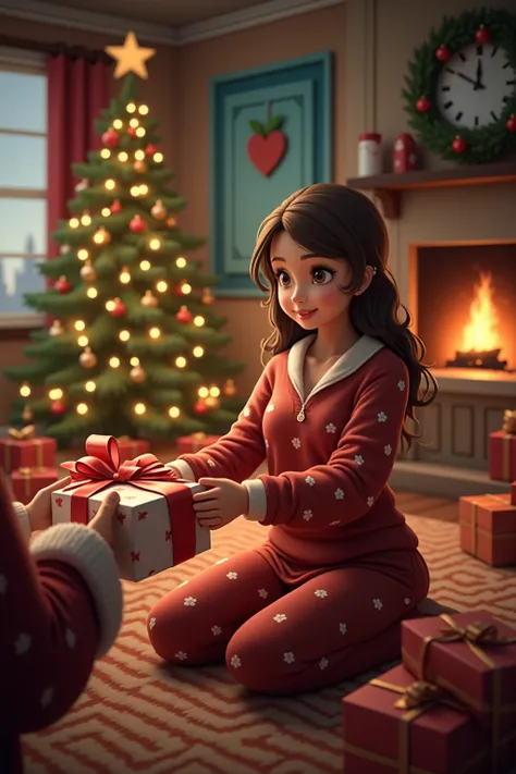 Christmas tree、fireplace、 wrapping、box、Christmas Gifts、A woman hands over a present