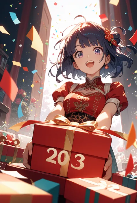 score_9, score_8_up, score_7_up, score_6_up, source_anime, 1girl, solo, pop out of a giant gift box, Confetti and magic particle...