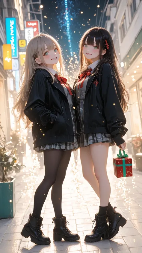 masterpiece, high resolution, detailed, ultra-detailed, unity 8k wallpaper, 2girls,full body, gift.! ribbon, セーター、パンツ、スカート、smile...