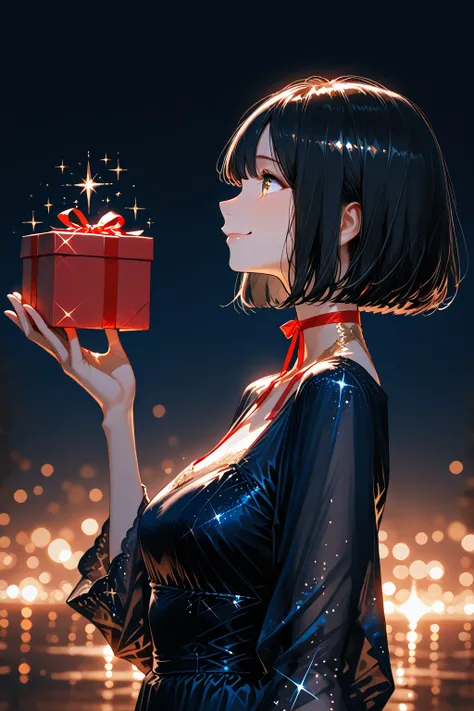 1girl, solo, woman with short black hair bob cut, Dark Blue Evening Dress, profile, happy expression, Sparkle in the eyes, red b...