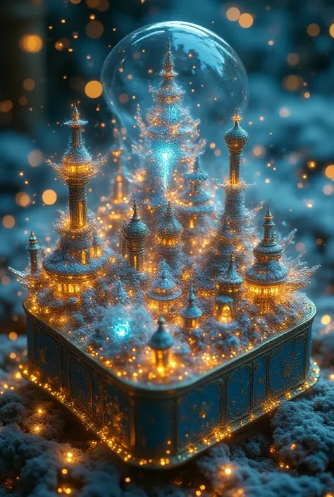 masterpiece, ultra highres, an open gift box, containing a miniature glowing fantasy city, tiny lights, magic pollen, macro phot...