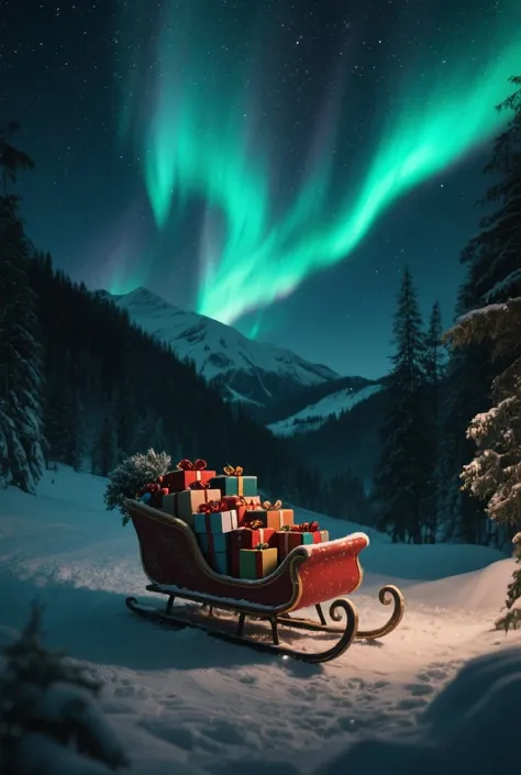 landscape；Sleigh full of gifts；mountain forest ；Northern Lights Night；wide-angle lens；4k； high quality 