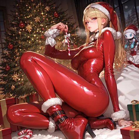 
(masterpiece, best quality, ultra-detailed, 8k),  
Samus Aran in **red Santa Zero Suit** skin-tight with white fur trim, blonde...