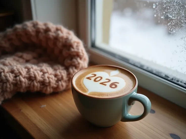 A cozy winter morning scene, a cup of latte art with "2026" written on the foam, sitting on a wooden table near a window with fr...