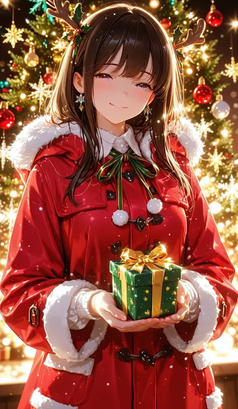 anime style, beautiful woman wearing a Santa-style coat, pausing while wrapping a gift, ribbons in hand, festive decorations, ge...