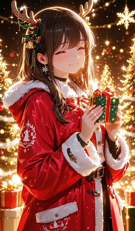anime style, beautiful woman wearing a Santa-style coat, pausing while wrapping a gift, ribbons in hand, festive decorations, ge...