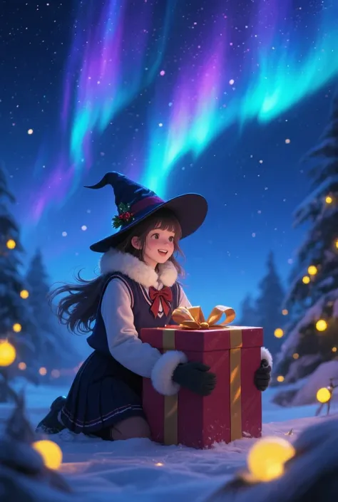 I grow;a lively girl;Winter school uniform;aurora borealis night sky;Christmas witch cuddles a large gift box;4k;high quality