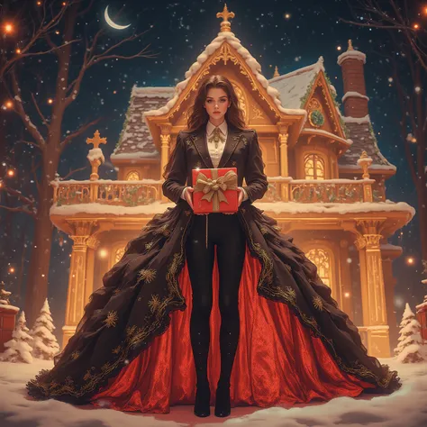 - Anime；Christmas Witch；Elegant Gown/Suit；In Front of a Gingerbread House；Hugging a Big Gift Box；4k；高质量
