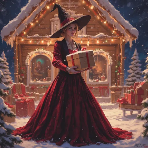 - Anime;Christmas Witch;Elegant Gown/Suit;In Front of a Gingerbread House;Hugging a Big Gift Box;4k;高质量
