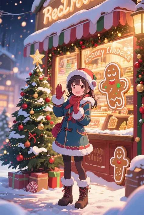 anime；Cheerful girl；Winter uniform；In front of a gingerbread shop；next to the Christmas tree；4k；high quality