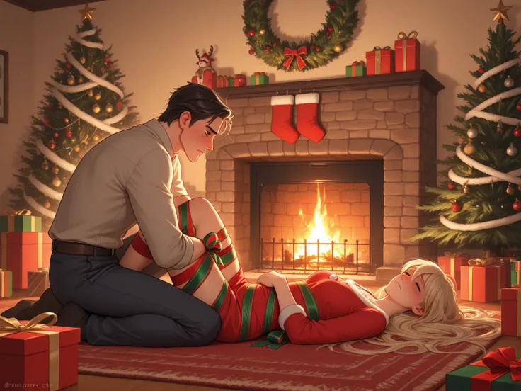 Interior, fireplace, partially decorated Christmas tree, clothed man, tangled in gift wrapping, sad expression, plain unwrapped ...